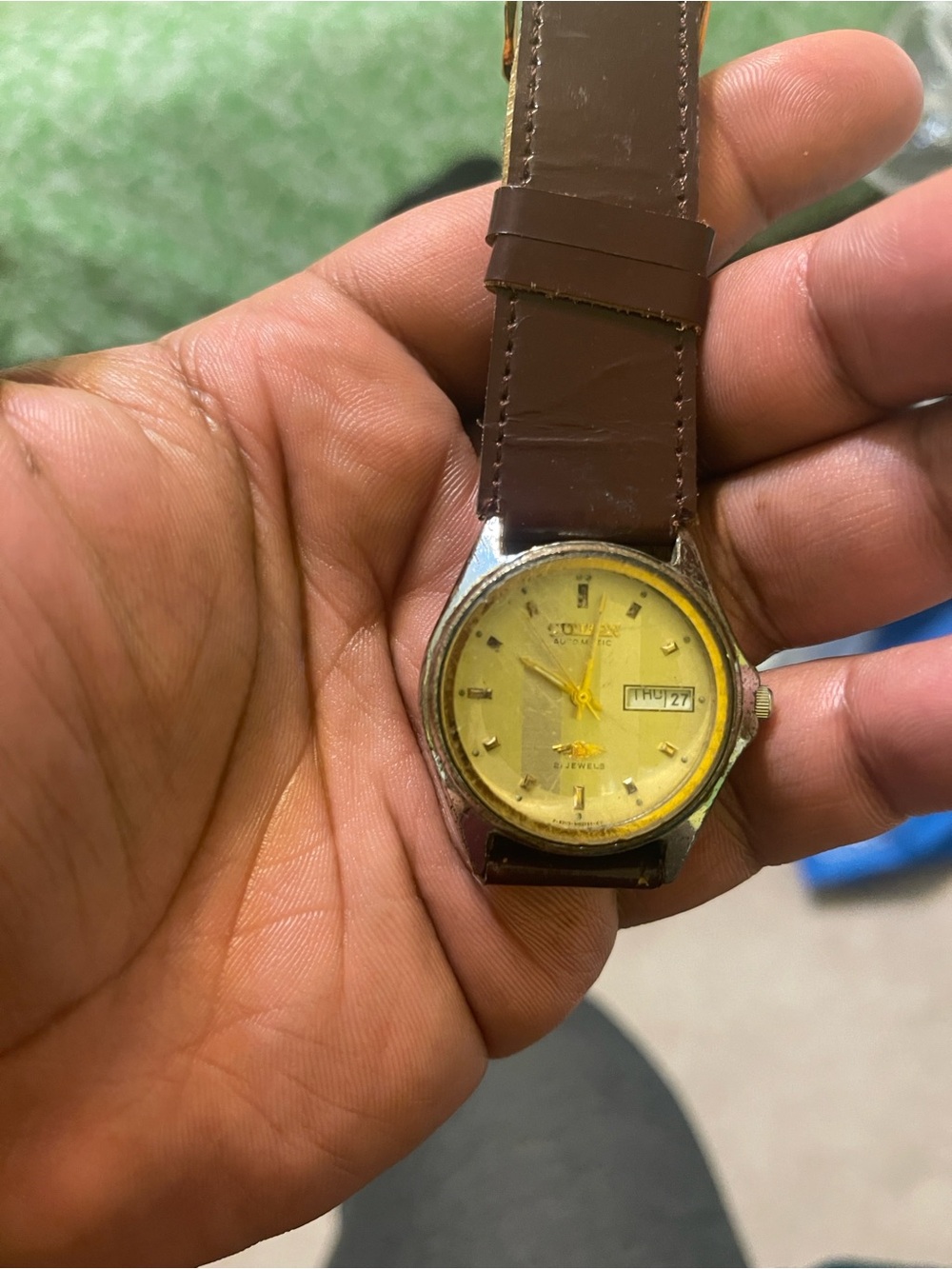 Vintage Men's Brown Leather Strap Watch with Yellow Dial